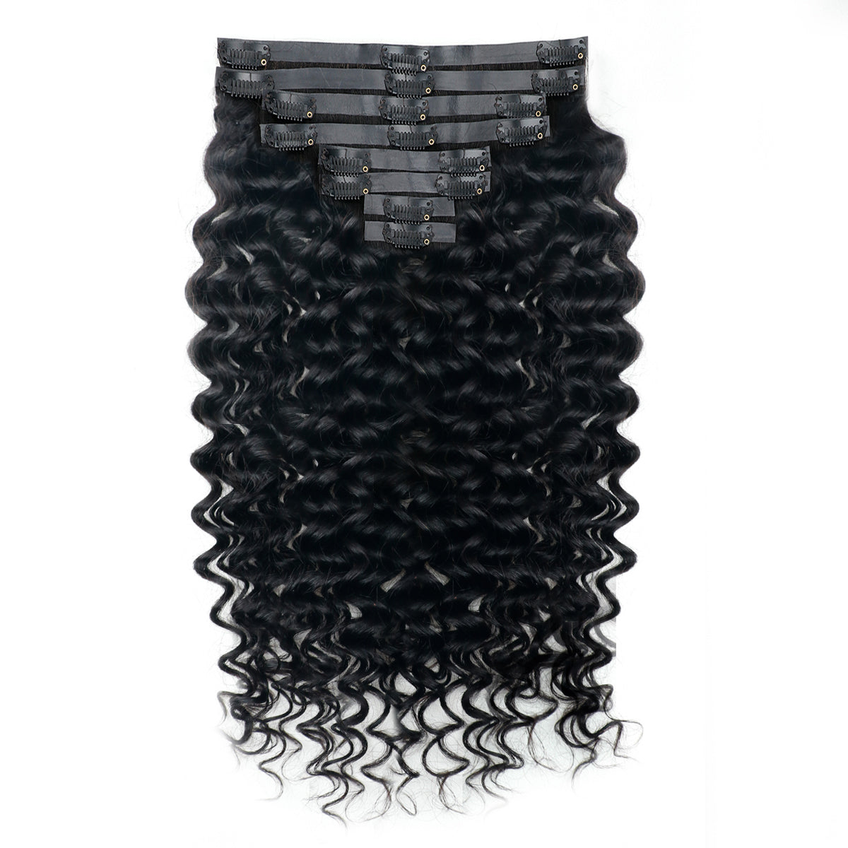 Deep Wave Clip-in Hair Extensions – Real Human Hair, 2 Pack, 20inch,240g, Natural Black