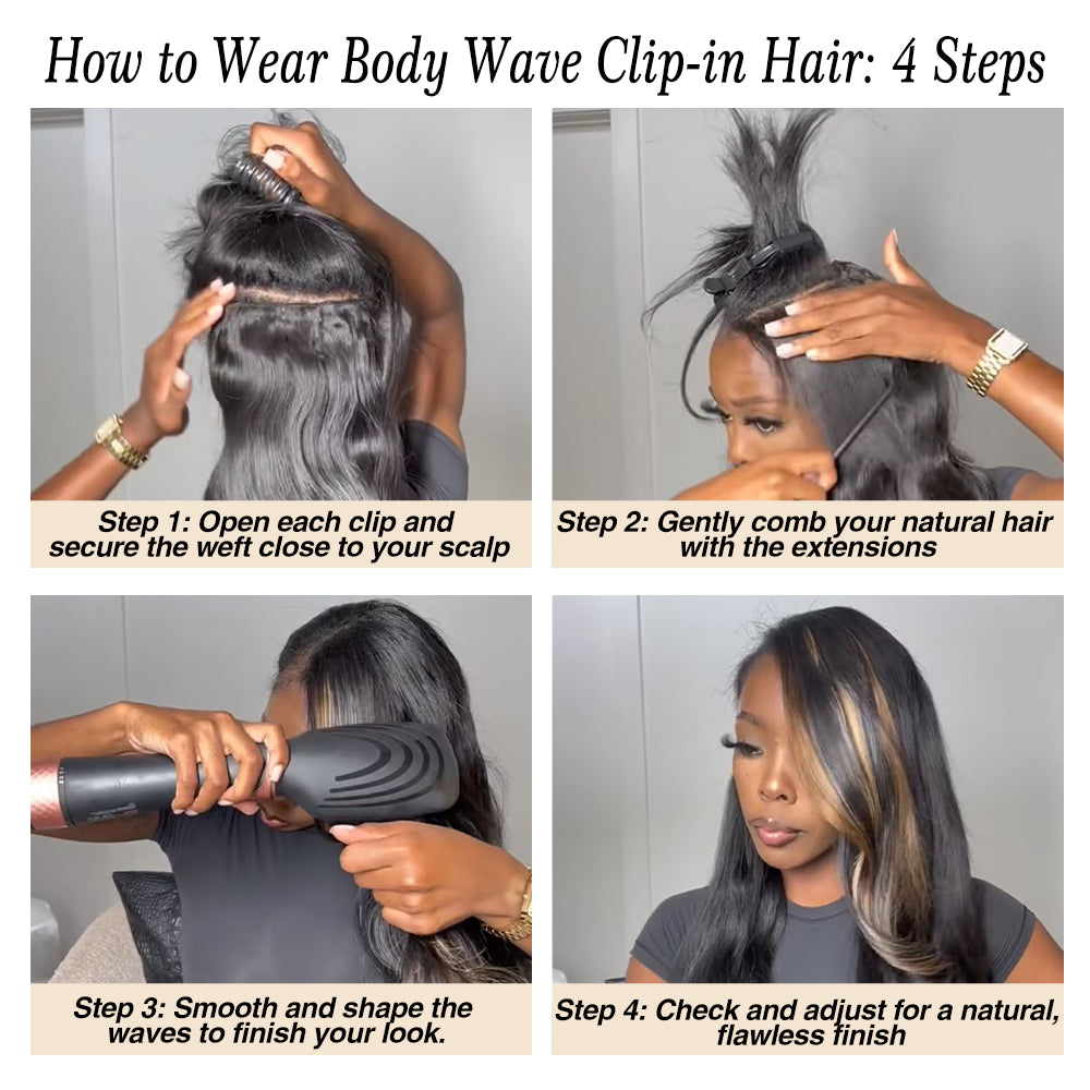 Body Wave Clip-in Hair Extensions - Real Human Hair, 240g (2 Pack), 20inch, Natural Black