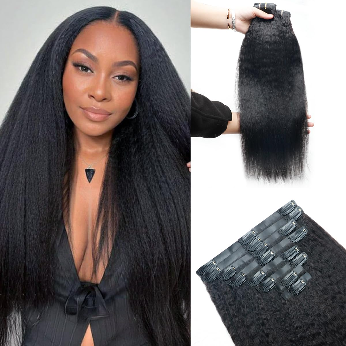 Kinky Straight Clip-in Hair Extensions – 100% Real Human Hair, 240g (2 Pack), 20” Natural Black
