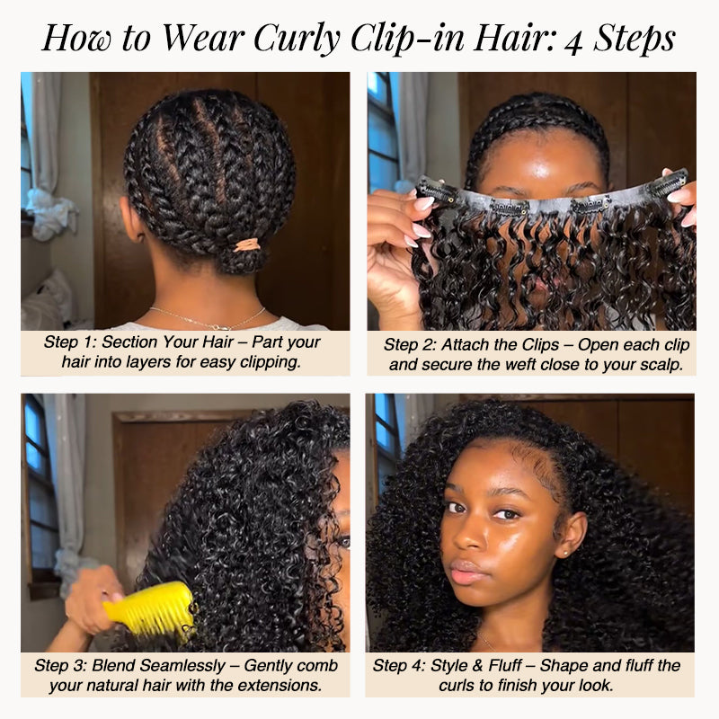 Curly Clip-in Hair Extensions - Real Human Hair, 2 Pack, 240g, 20inch, Natural Black