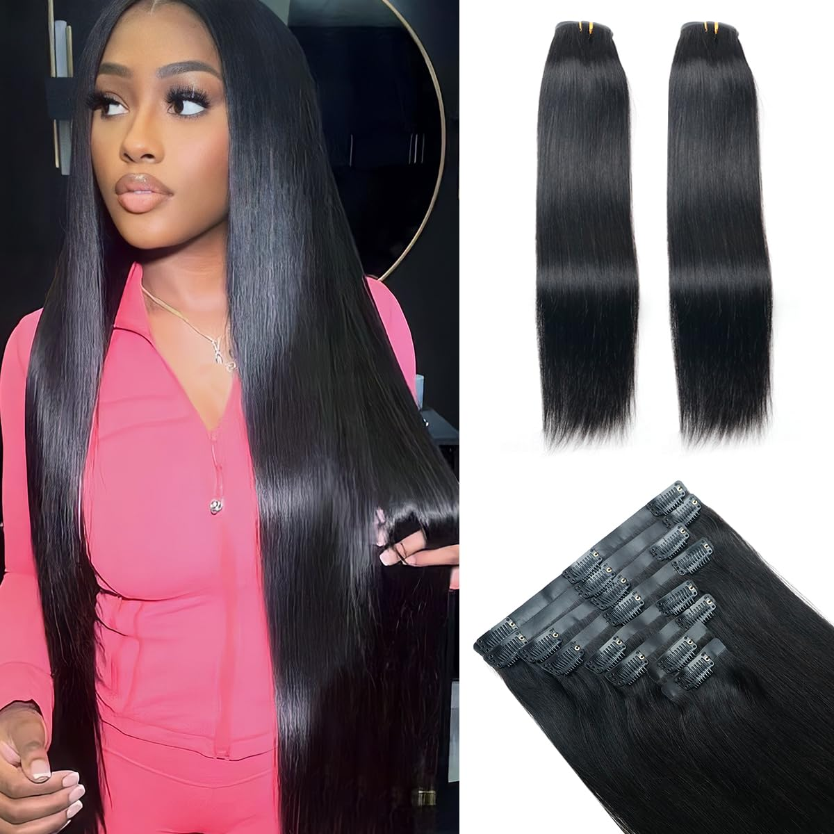 Straight Clip-in Hair Extensions – 100% Real Human Hair, 240g (2 Pack), 20” Natural Black